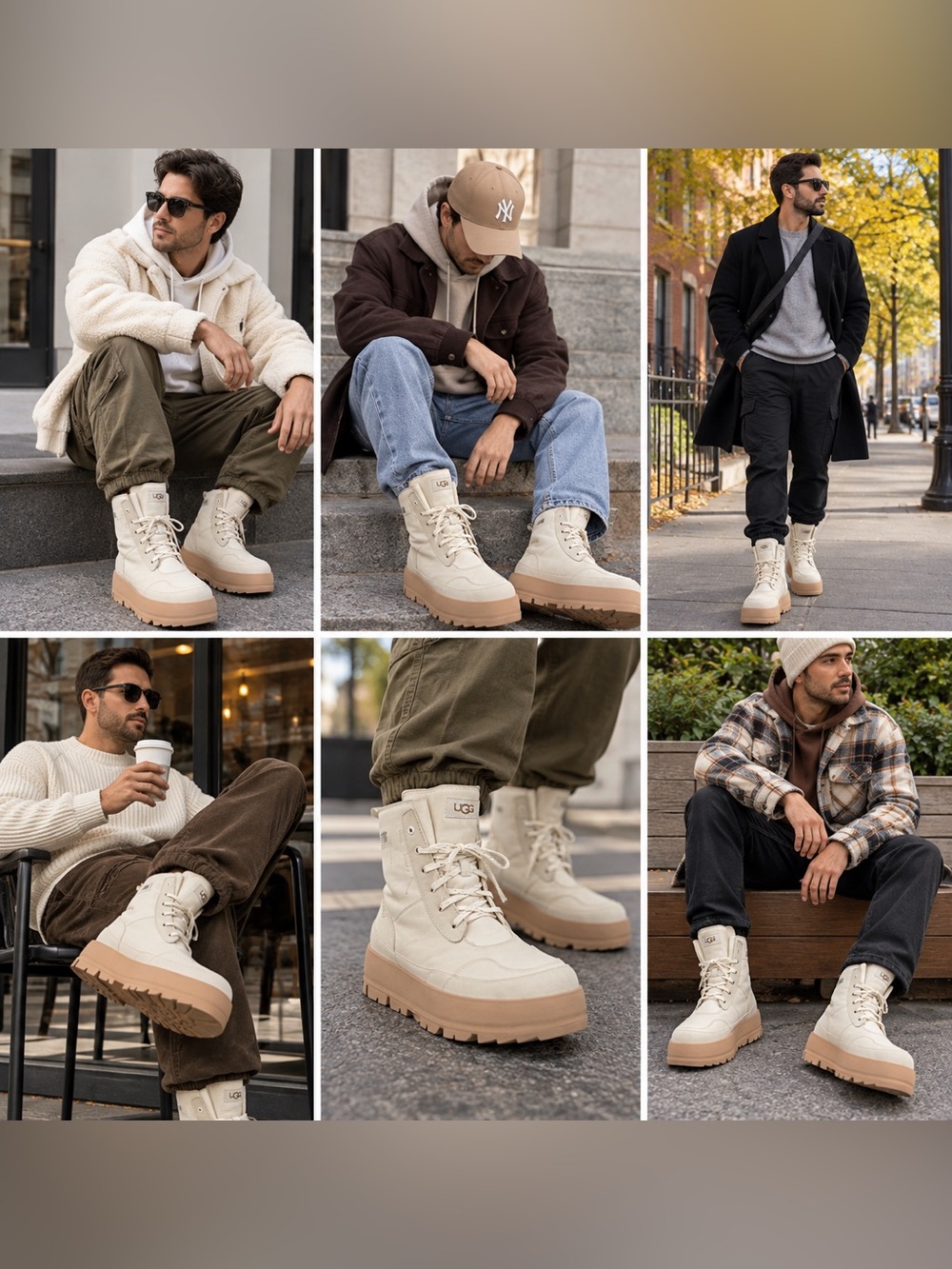 UGG Cream High-Top Platform Lace-Up Boots with Tan Sole